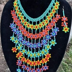 Colorful Beaded Floral Necklace and Earring Set